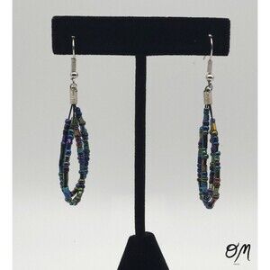 Dark Metallic Seed Bead 2.5" Dangle Hoop Earrings